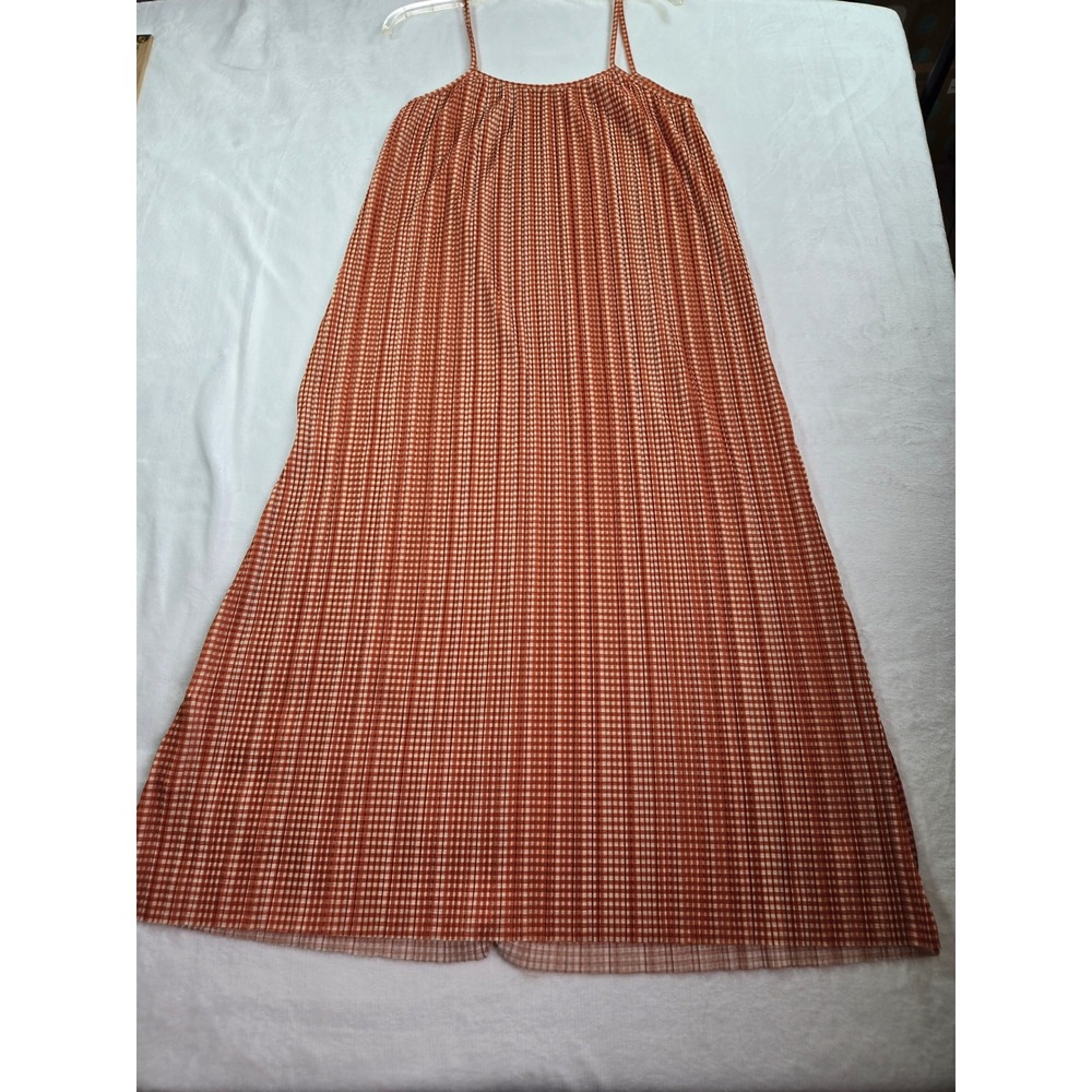 Zara Orange Gingham Pleated Midi Dress Womens Medium Spaghetti Strap Checkered